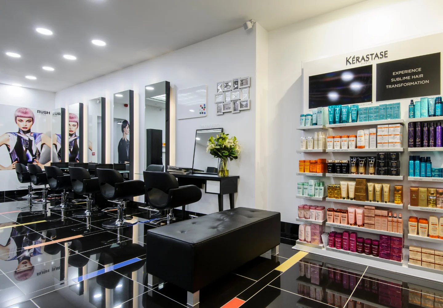 in salon image of Rush Cambridge showing the retail stand and styling station