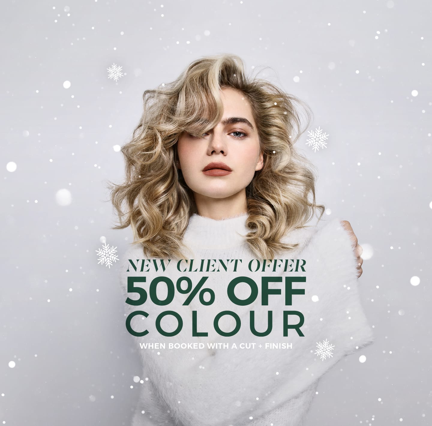 Our latest offer showing a lady with light blonde hair on a white snowy background